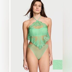 Victoria’s Secret Very Sexy Sheer Boho Floral Embroidery Halter-Neck Teddy green